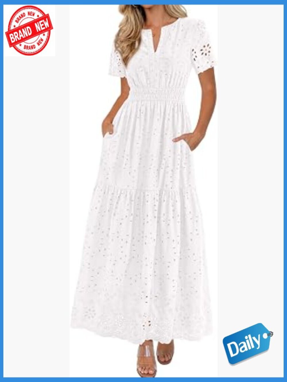 Women's Cotton Maxi Dress V Neck Short Sleeve A Line Hollow Out Long Dress with